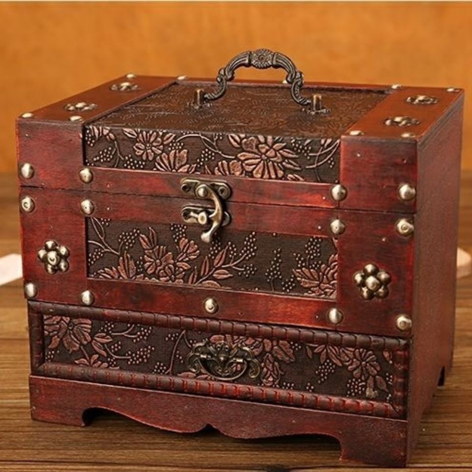 嫁妆带镜子清新古代用品抽屉家用木盒储物盒新娘仿古梳妆首饰盒格