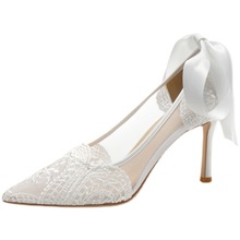 法式主婚纱婚鞋伴娘新娘鞋白色蕾丝尖头高跟鞋设计感镂空礼服单鞋