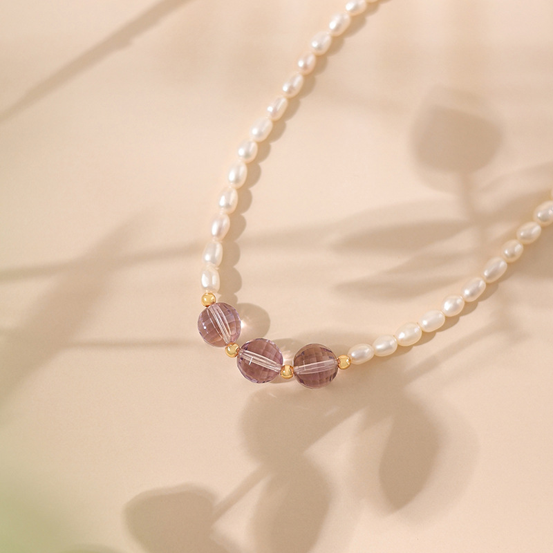 极细小米粒天然淡水珍珠项链女轻奢小众紫黄晶切面水晶锁骨链高级