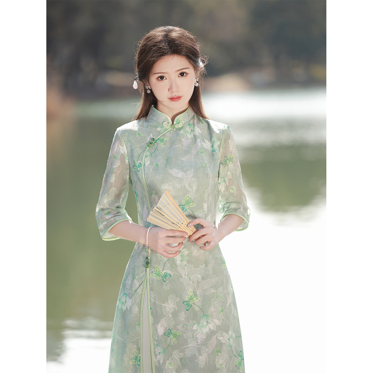 绿色日常中长款少女年轻款气质高端高级改良奥黛旗袍连衣裙女夏