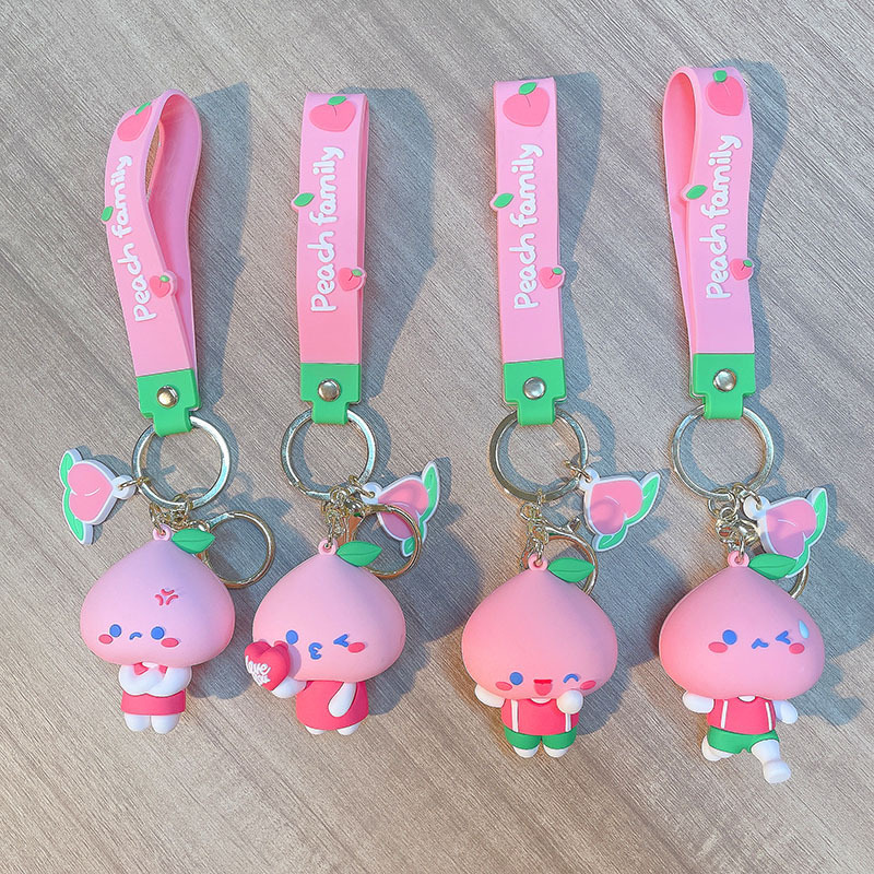 Original Cute Peach Family Keychain Cartoon PVC Epoxy Doll Bag Package Pendant Car Key Ring Wholesale