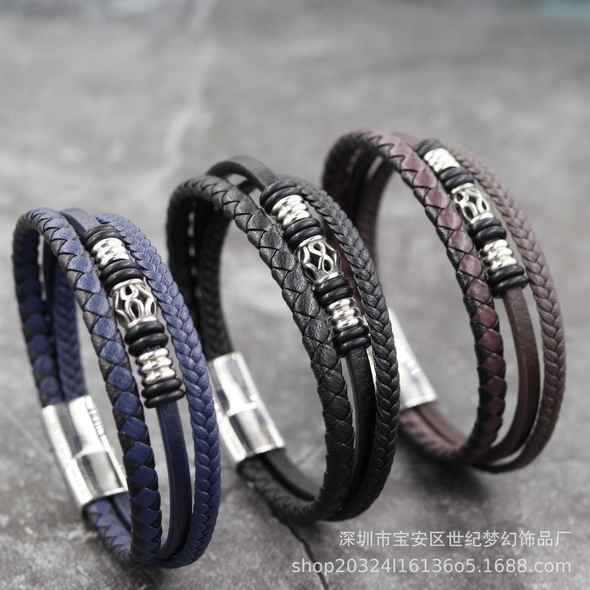 电商男士学生不锈钢编织手环手镯民族国潮朋克复古皮绳手链jx184