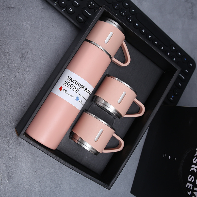 Factory Gift Box Vacuum Cup Set One Cup Three Cover Business Office Gift Cup Double Stainless Steel Water Cup Wholesale