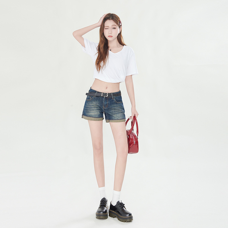 2024夏季新款复古做旧美式辣妹低腰翻边牛仔短裤女JEANS SHORTS