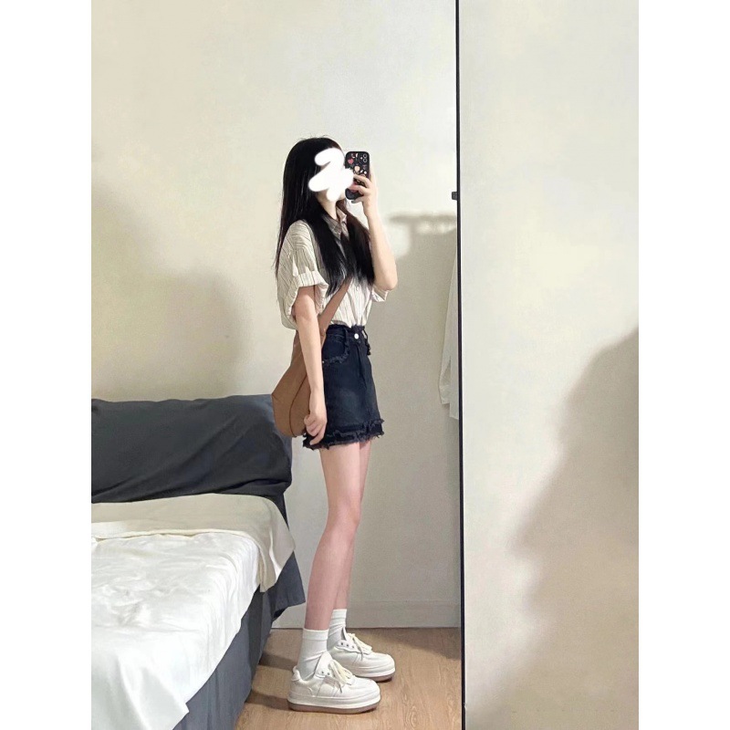 学院风套装女夏装搭配时尚韩系条纹衬衫牛仔短裙小个子穿搭一整套