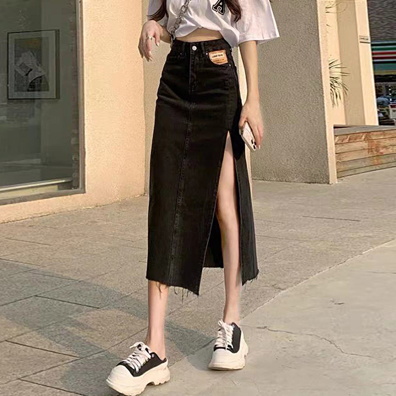 Retro Slit Denim Skirt for Women 2022 Autumn New Korean Style Mid-Length High Waist Slimming Student A- line Skirt