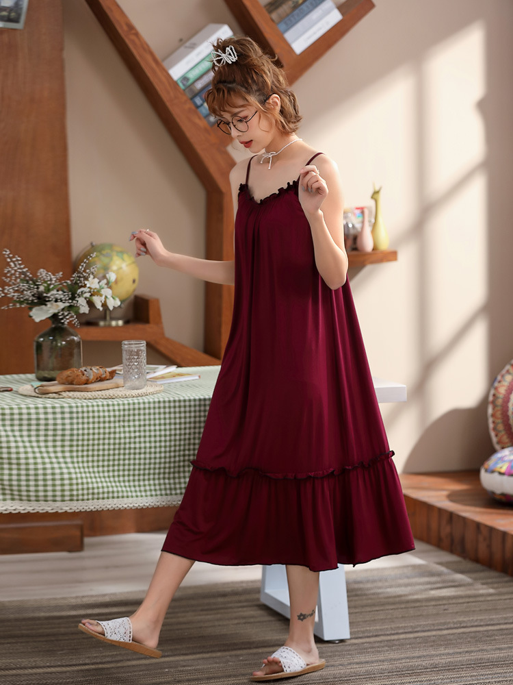 夏季女士吊带睡裙宽松大码莫代尔家居服中长款吊带裙无袖连衣裙