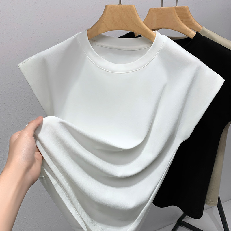 Right-Angle Shoulder Padded Shoulder T-shirt Women's Summer 2023 New Women's Simple Crew Neck Short Sleeve T-shirt Waist Solid Color Top