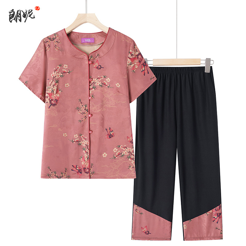 奶奶夏装套装短袖中老年人女装妈妈衬衫6070岁老太太夏季宽松衣服
