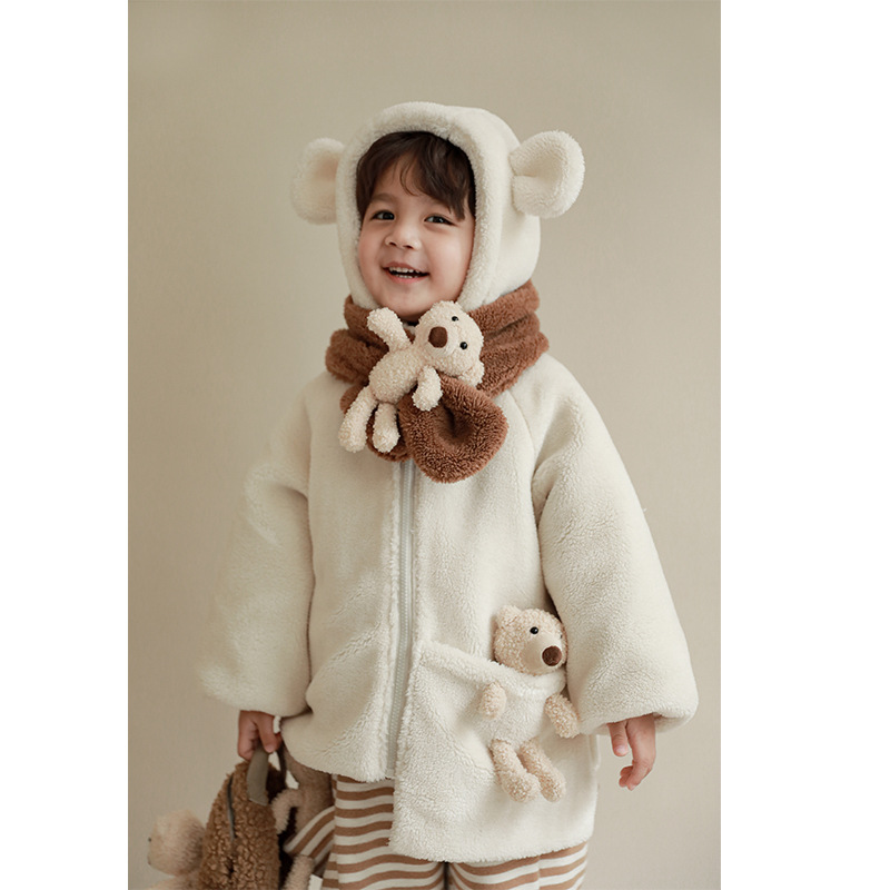 女童羊羔毛外套洋气加厚小熊公仔儿童长袖上衣冬季男宝宝衣服连帽
