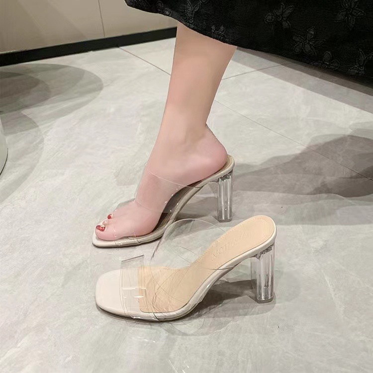 Summer 2023 New Transparent High Heels Sandals Women's Mid Heel Chunky Heel Crystal Fairy Style Sandals Women's Outer Wear