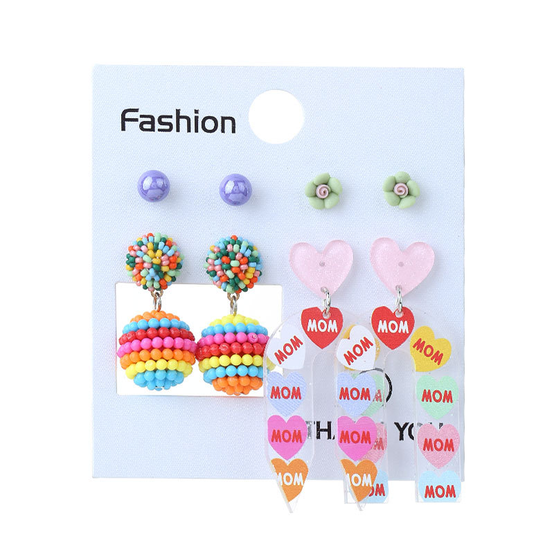 European and American New Acrylic Printed Earrings Rainbow Pencil Stripes Love Heart Earrings Suit 4 Pairs Earrings Wholesale