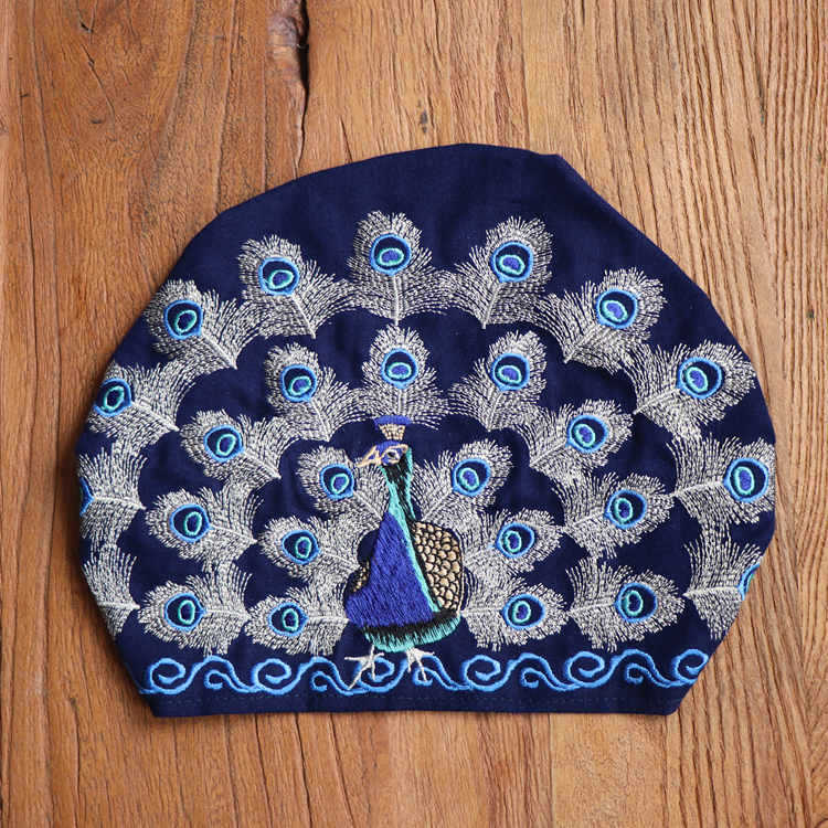 民族风绣花薄款棉麻帽子女帽孔雀开屏绣花帽子系带头巾帽包头帽子