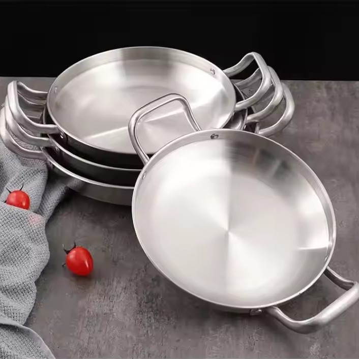 korean-style stainless steel hot pot seafood pot hot pot gold flat shallow pot dish commercial double-ear small fried pot thickened