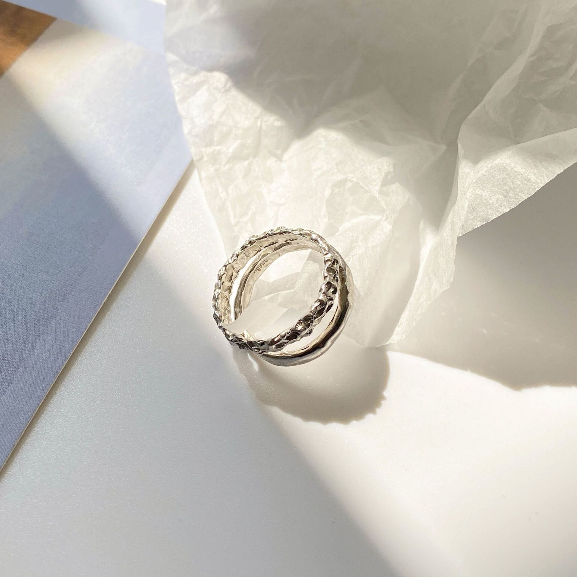 欧美复古锡纸肌理戒指女式ins网红款双层几何不规则情侣戒指手饰