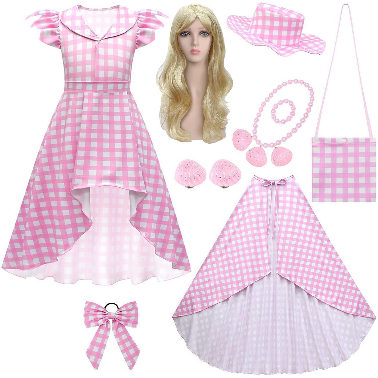 亚马逊女童连衣裙真人芭比cosplay电影公主裙格子礼服裙绑带夏