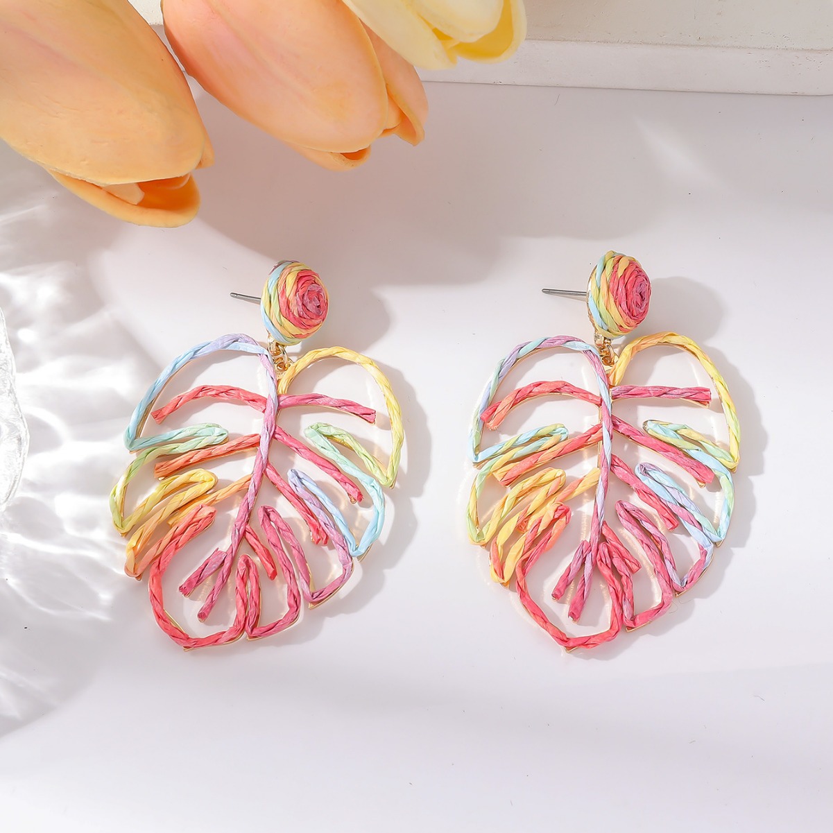 欧美跨境饰品夏季甜美多巴胺彩色树叶耳环手工编织镂空百搭耳饰品