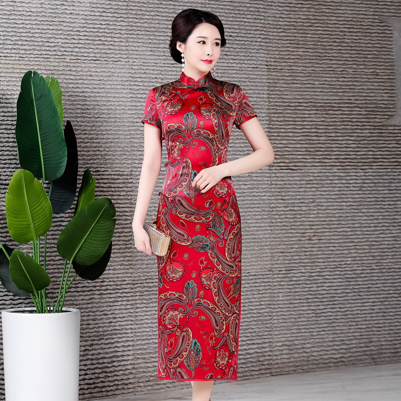 鸿韵绣2021春夏新款真丝旗袍长款旗袍连衣裙短袖女成人复古改良