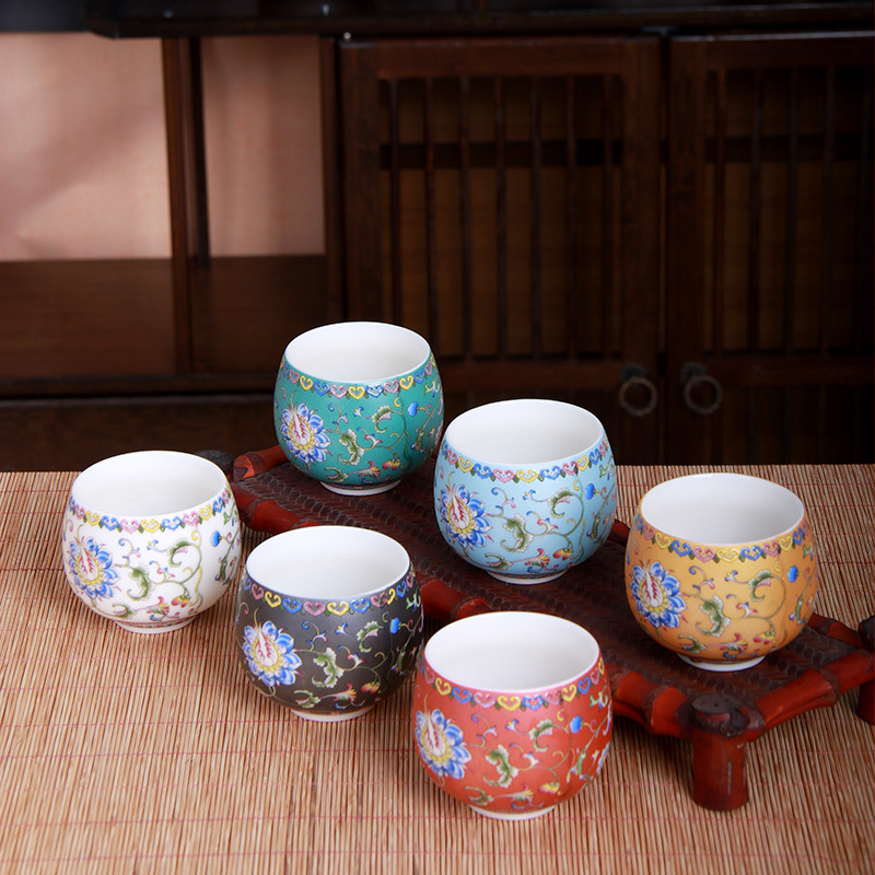 珐琅彩茶具茶杯陶瓷茶碗并蒂莲品茗杯宫廷风白瓷中式功夫主杯单杯
