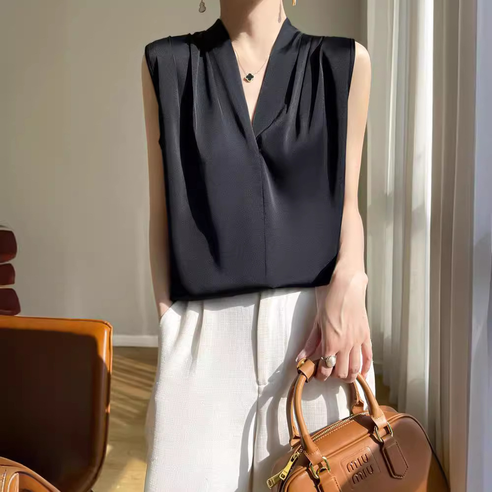 缎面仿真丝v领吊带背心女夏季西装内搭无袖衬衣挂脖纯色上衣批代
