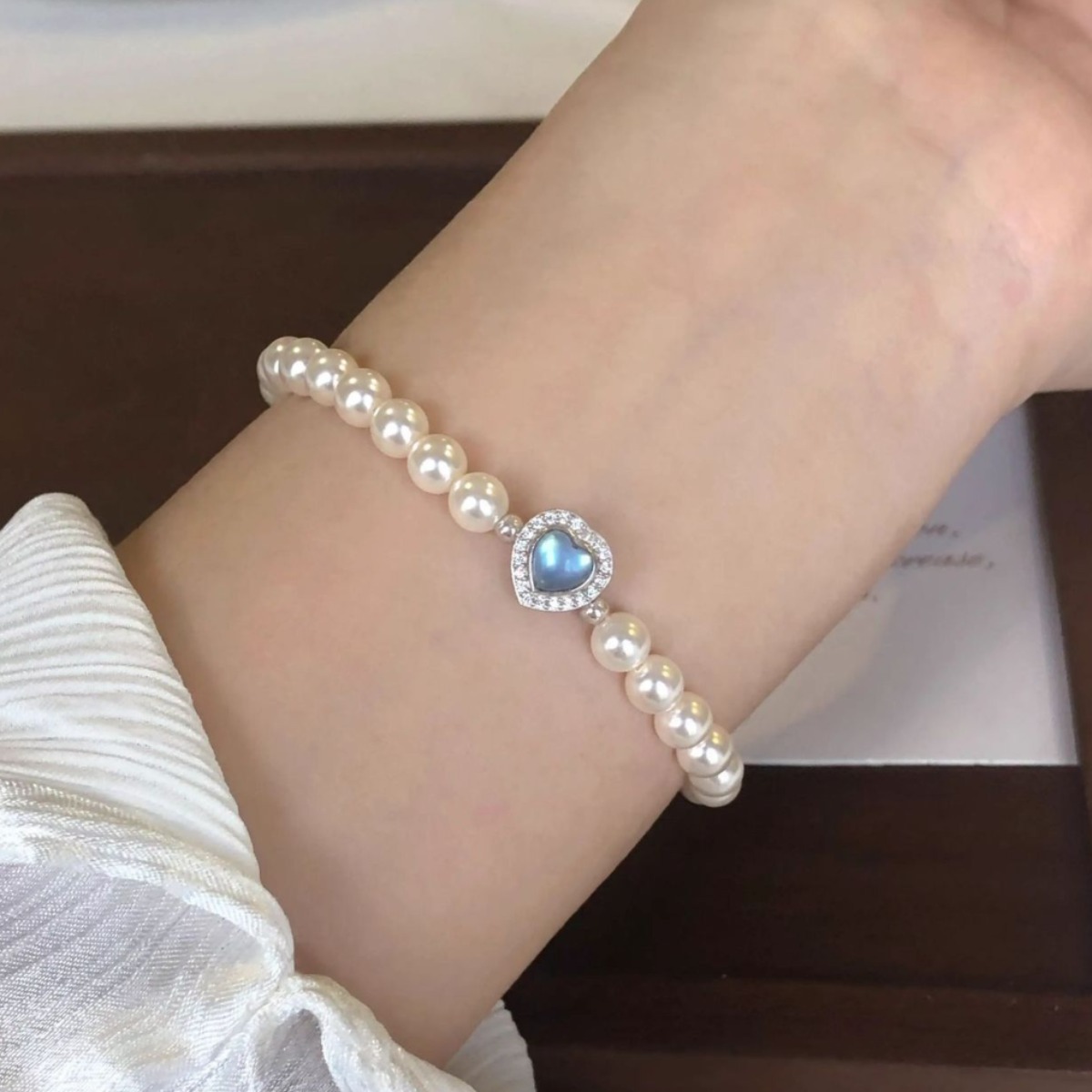 海洋之心s925纯银施家珍珠月光石爱心手链女甜美轻奢风高级感手饰