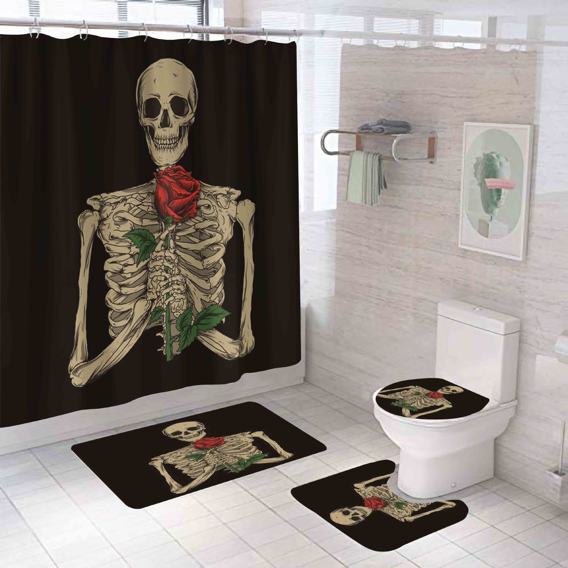 New Hot Halloween Skull Series Mildew-Proof Waterproof Polyester Bathroom Shower Curtain Four-Piece Factory Direct Sales