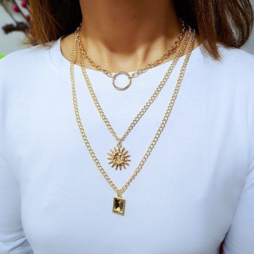 欧美跨境饰品 复古百搭多层桃心宝石吊坠项链女圆环毛衣链 三件套