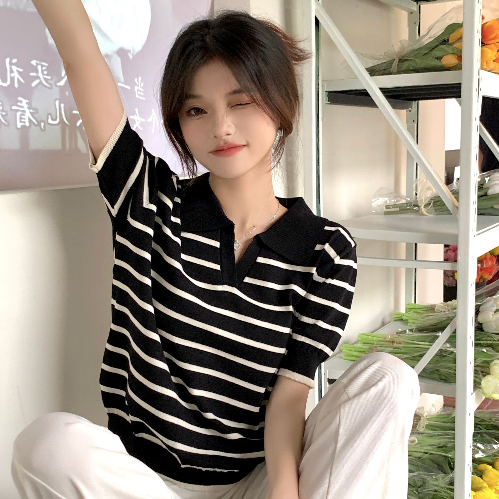 复古条纹针织衫短袖女polo领翻领宽松遮肉显瘦内搭外穿薄款短上衣