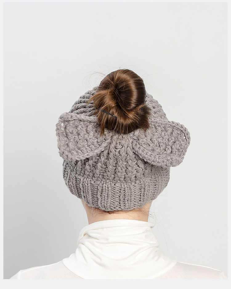 2021秋冬欧美新款手工针织蝴蝶结空顶毛线帽时尚钩织保暖马尾帽