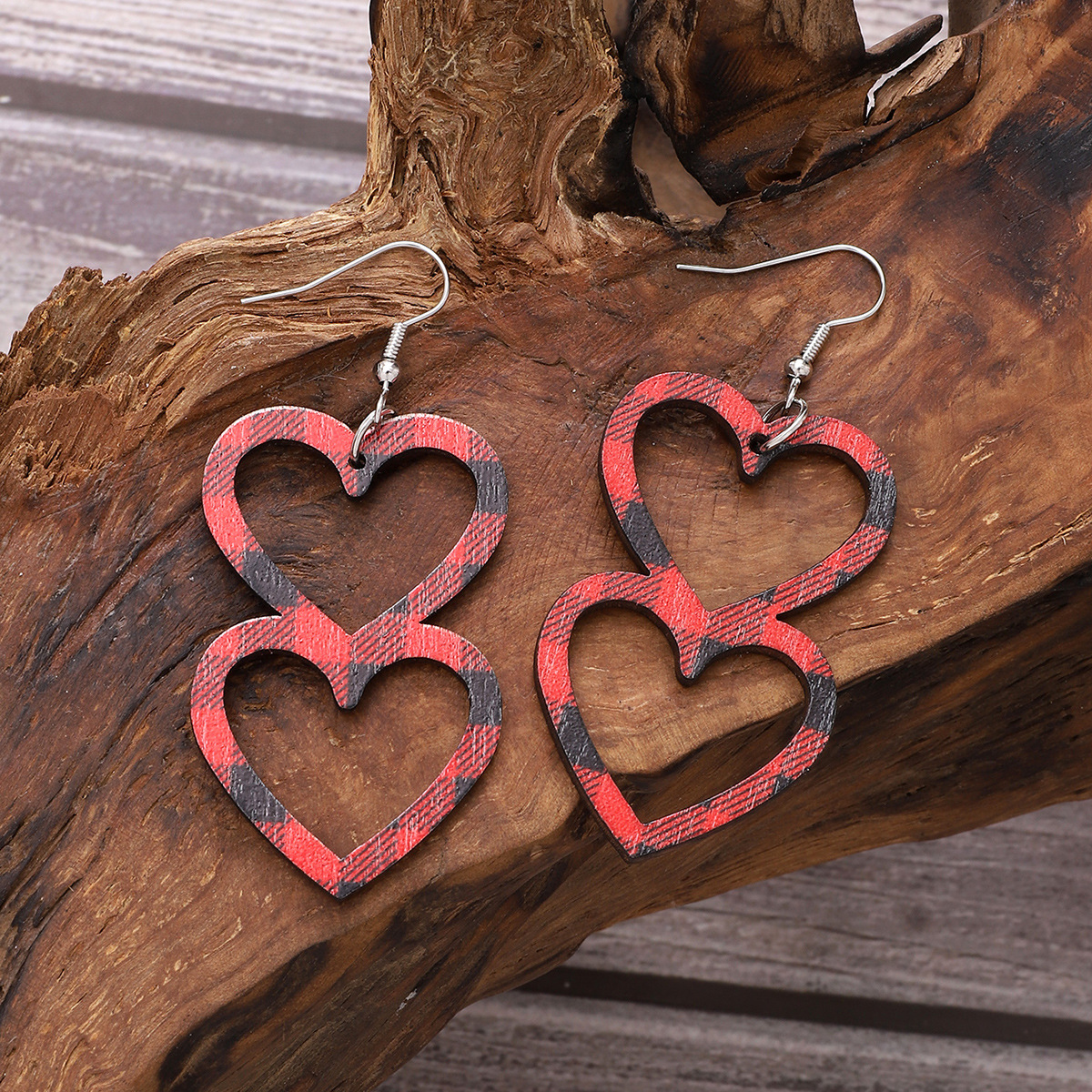 Cross-Border Valentine's Day Double Layers Loving Heart Plaid Earrings Heart-Shaped Wooden Earrings Aliexpress Amazon