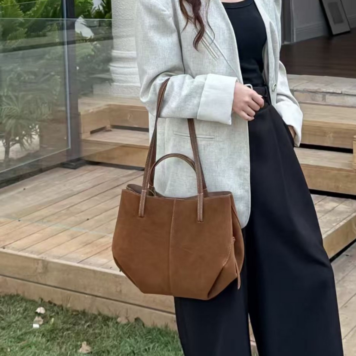 磨砂牛皮托特包25秋冬新款高级感大容量单肩腋下包麂皮翅膀包大包