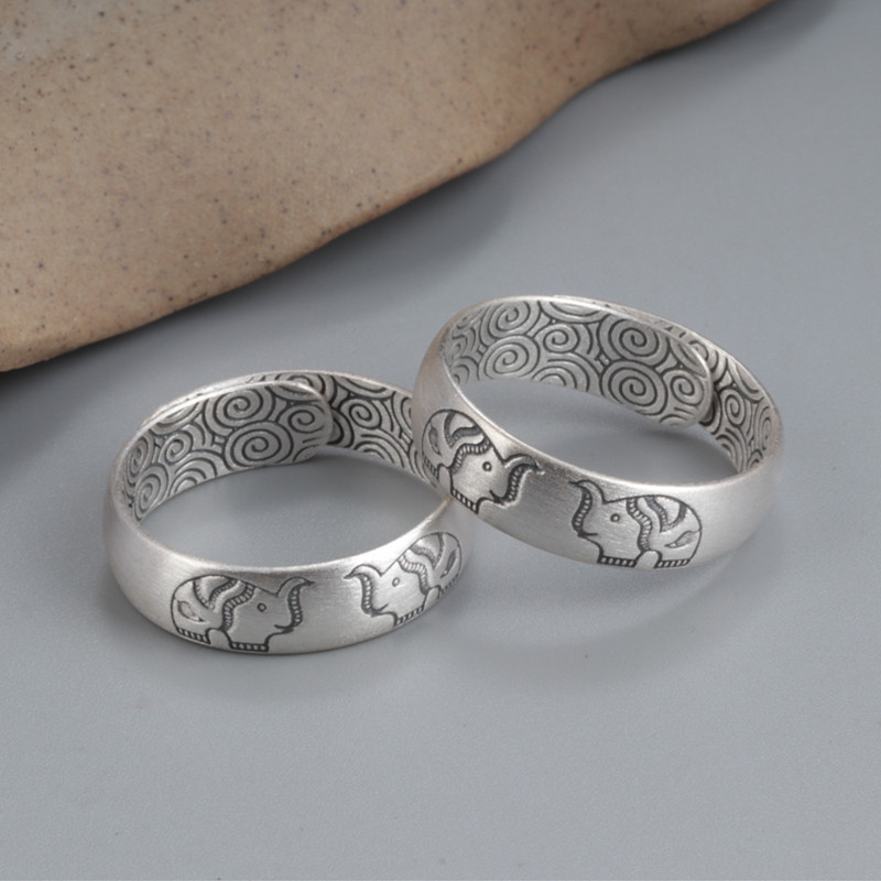 纯银戒指女999足银小象古法戒指复古双象活口指环男民族风祥云