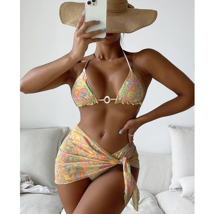 2023 Cross-Border New Arrival Paisley Three Piece Swimsuit Female Bikini Holiday Floral Print Beach Ring Bikini