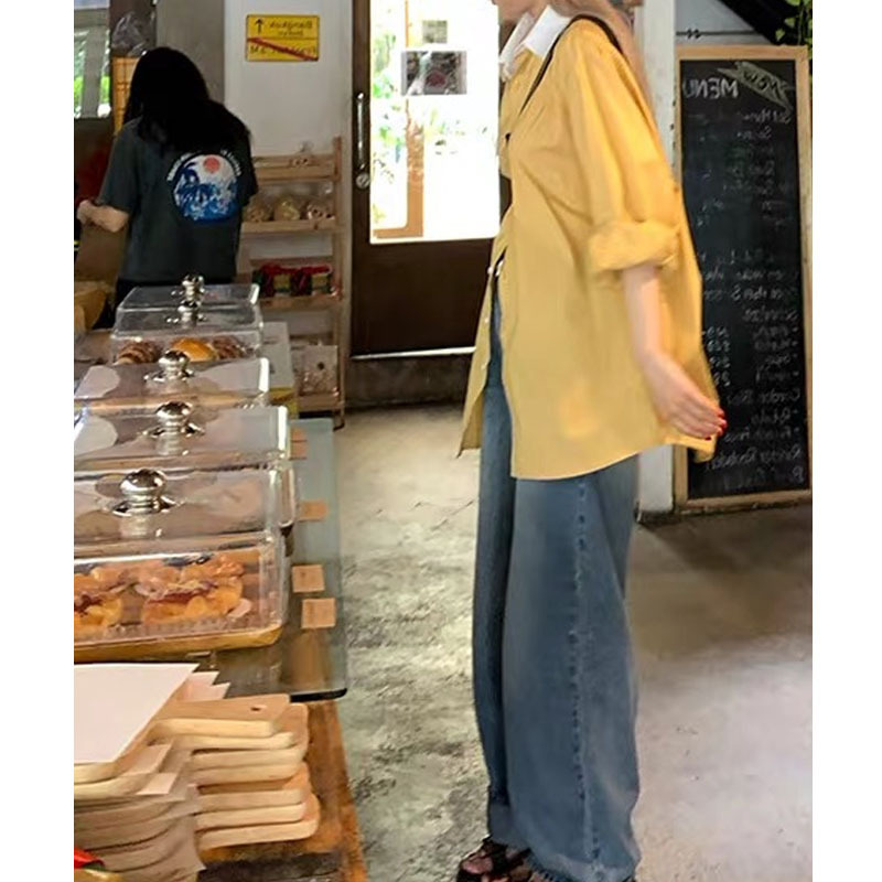 meis 黄色春日衬衫女装2024新款春夏小衫设计感翻领小众条纹衬衣