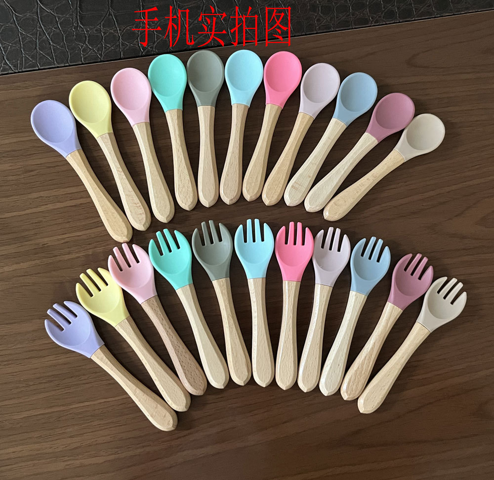 Baby Silicone Beech Spoon Fork Combination Soft Spoon Spoon Fork Baby Tableware Set Pedology Eating