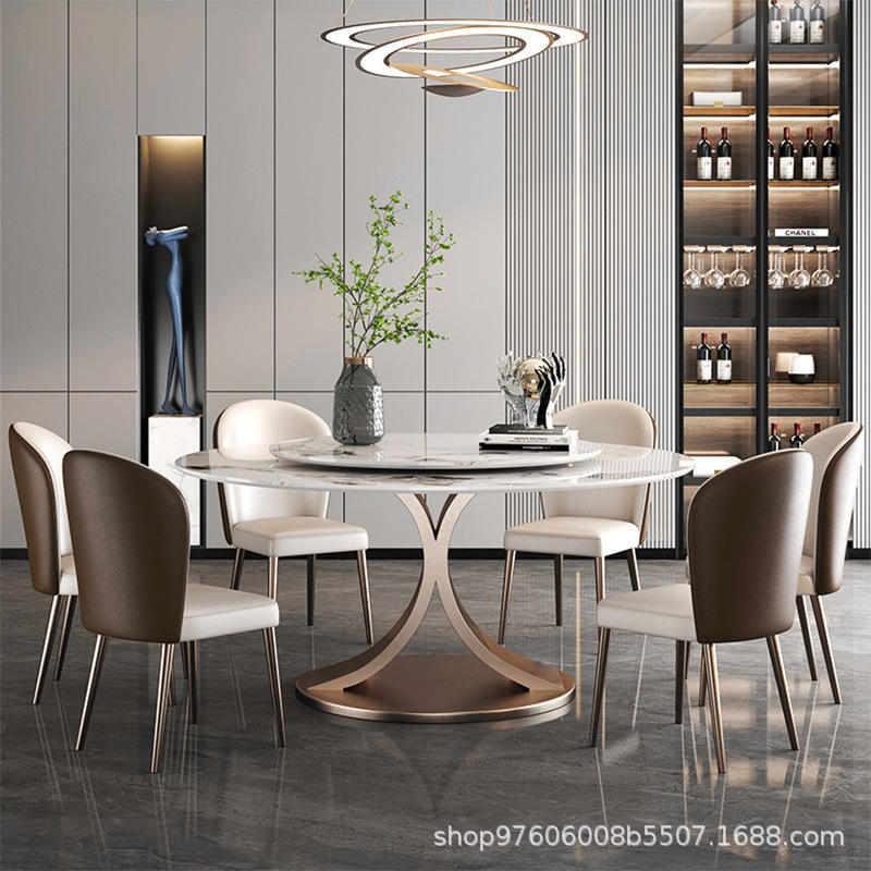 意式轻奢岩板餐桌椅组合圆形北欧大理石圆桌轻奢现代家用吃饭桌子