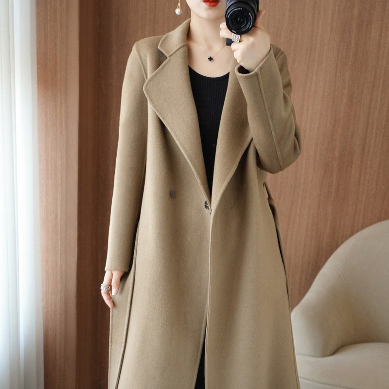 高级感大翻领长款羊毛大衣女装手工双面尼毛呢外套腰带呢子开衫