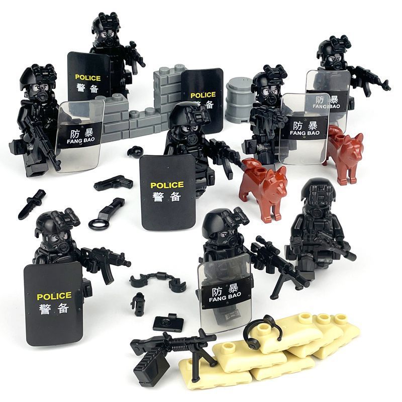 兼容乐高小颗粒人仔军事反恐防暴特警警察军警武器人偶拼装积木