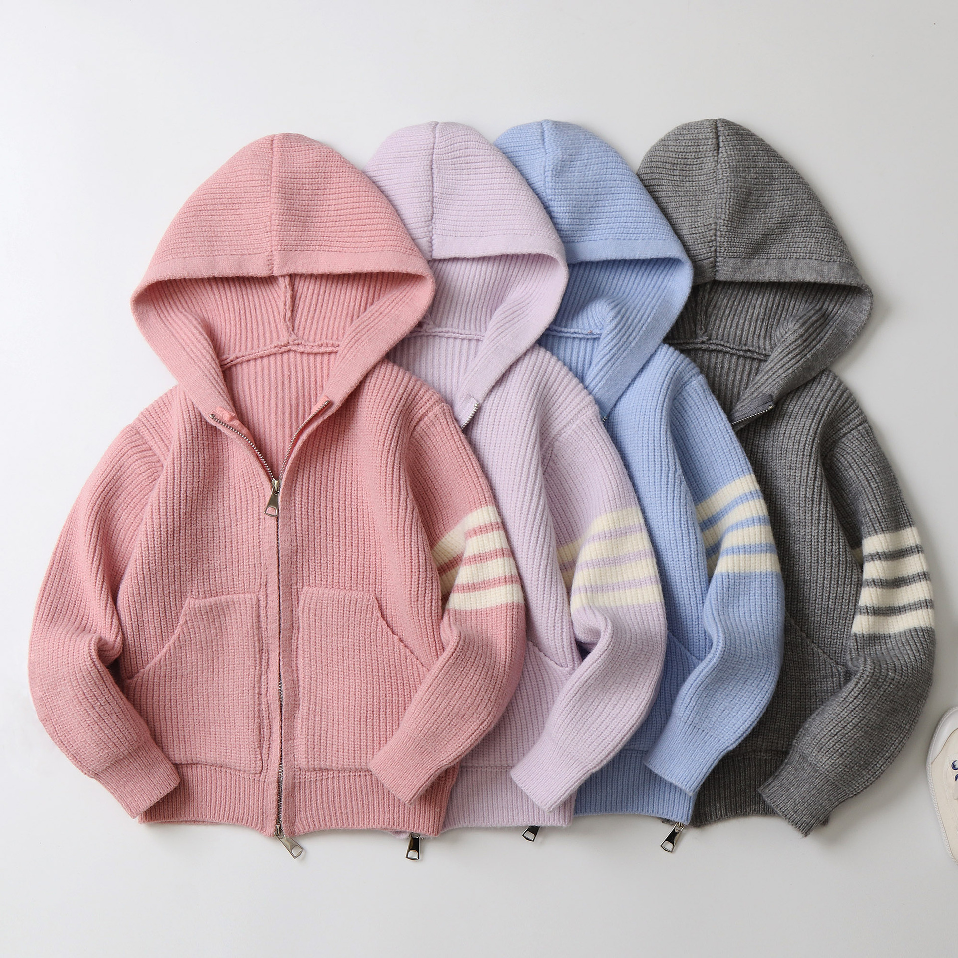 a15跨境专供连帽条纹绵羊绒男女毛衣中大童秋冬儿童毛衣2024新款