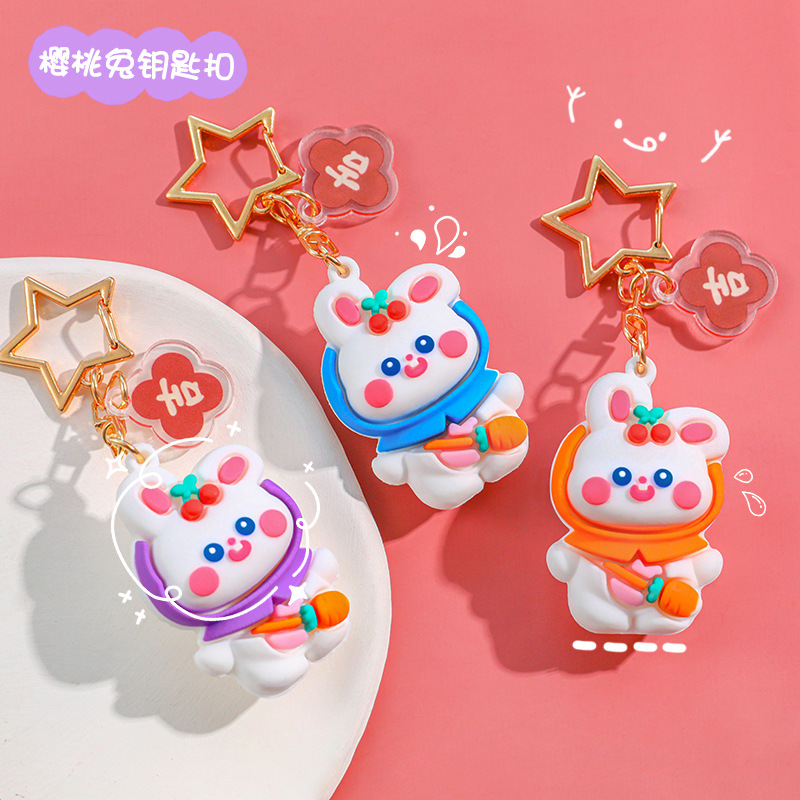 Cute Cartoon Cherry Rabbit Three-Dimensional Keychain Girl Heart Silicone Key Ring Pendants Student Bag Decorative Pendant