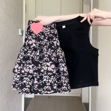 韩系黑色碎花小短裙女夏季2024新款蛋糕裙半裙小个子a字半身裙子