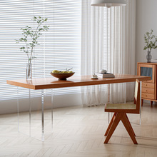 简易网红餐桌椅原木工作台家用书桌实木餐桌亚克力悬浮桌樱桃木桌