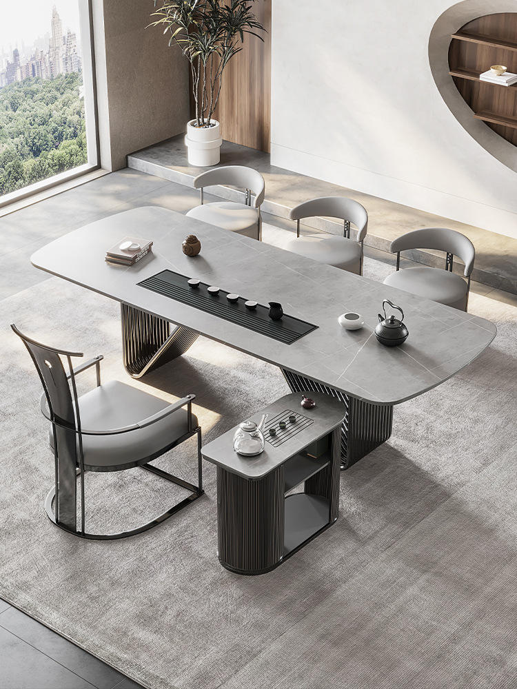 轻奢高档岩板茶桌椅组合办公室意式极简高级感茶台书桌一体式茶桌