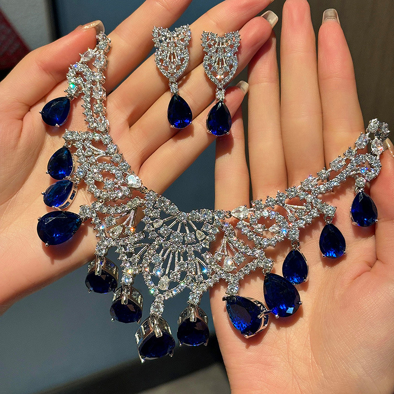 跨境热卖蕾丝蜂巢蓝宝石水滴项链女高级感皇家蓝雕花锆石同款耳钉