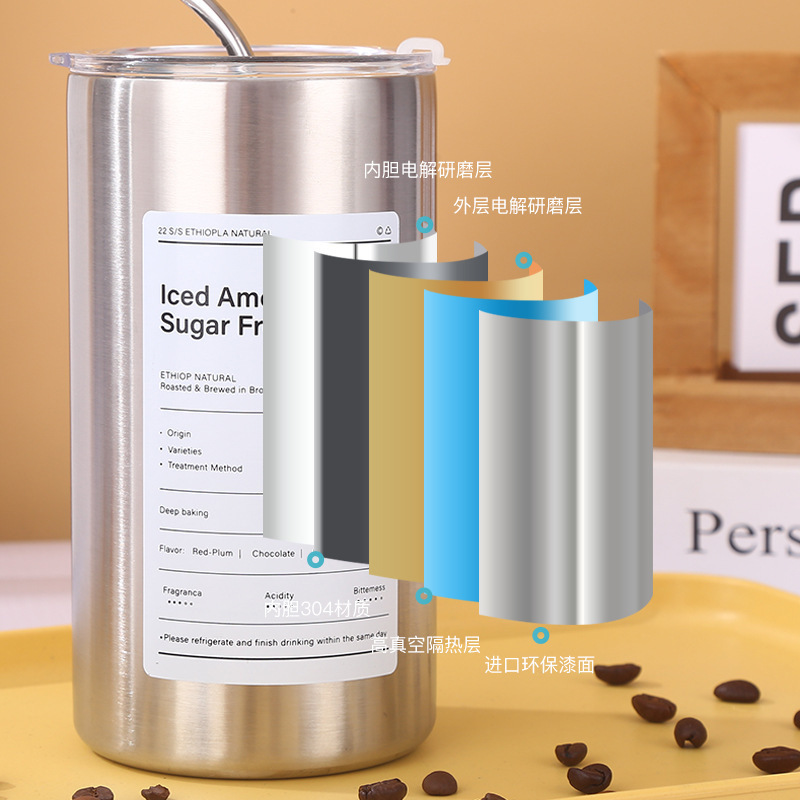 Ice American Coffee Cup Latte Cup with Straw Portable Outdoor Portable Stainless Steel Vacuum Cup Face Value Water Cup