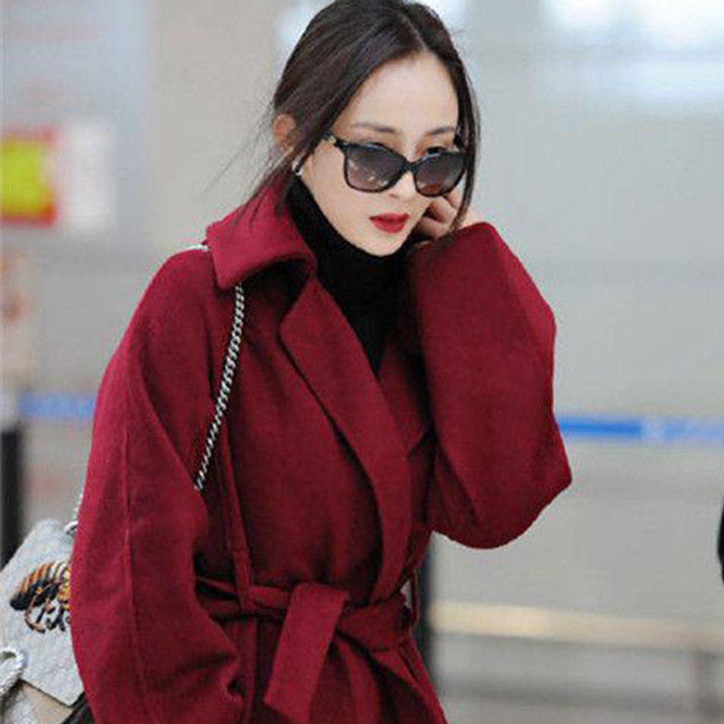 秋冬杨幂明星同款机场酒红色手工双面羊绒大衣女中长款羊毛呢外套
