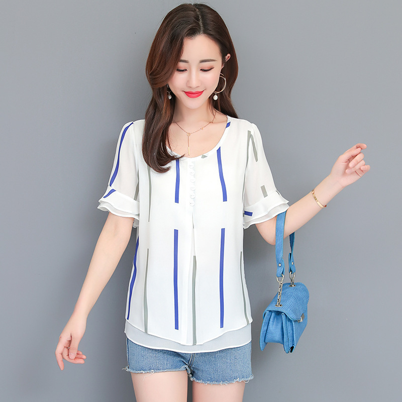 宽松遮肚子显瘦雪纺衫女短袖夏2024新款韩版洋气小衫飘逸仙气上衣