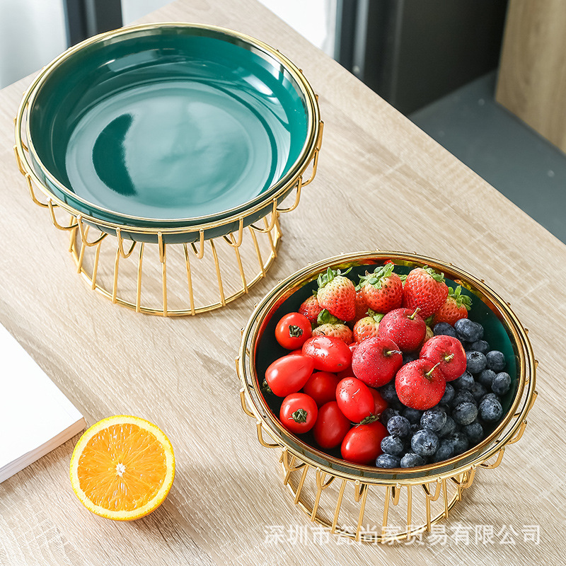 Creative Modern Personality Living Room Fruit Basket European Ceramic Fruit Plate Household Dried Fruit Tray Large with Iron Bracket