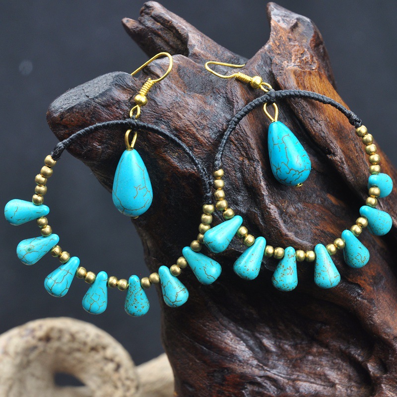 泰国手工松石耳环东南亚蜡绳编织耳饰民族风流行首饰耳钉女服配饰