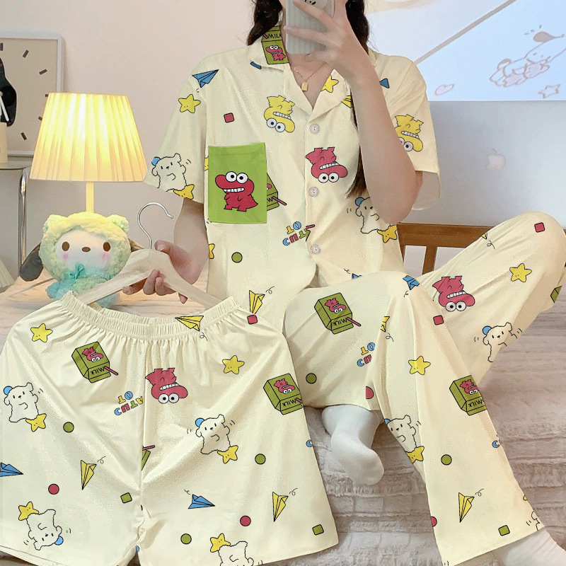 跨境韩系ins简约卡通恐龙印花睡衣可外穿学生宿舍家居服套装代发